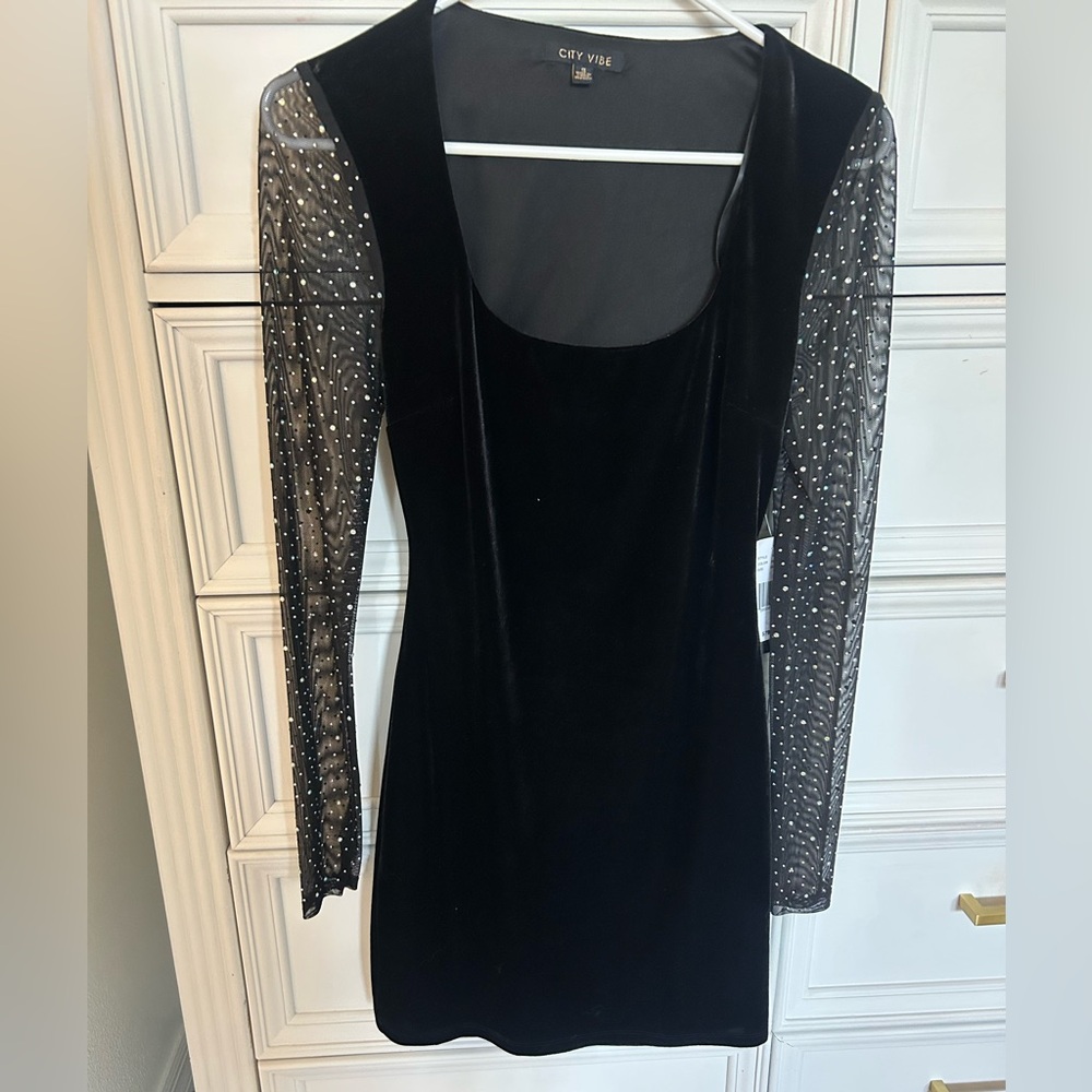 Chic Black Velvet Dress with Embellished Sheer Sleeves and open back. New w tags